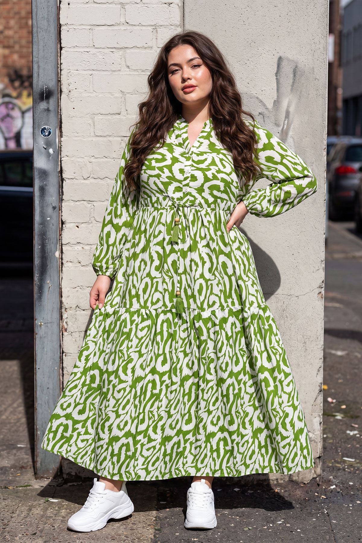 Abstract Print Front Button Placket Tiered Cotton Dress Abstract Print Front Button Placket Tiered Cotton Dress