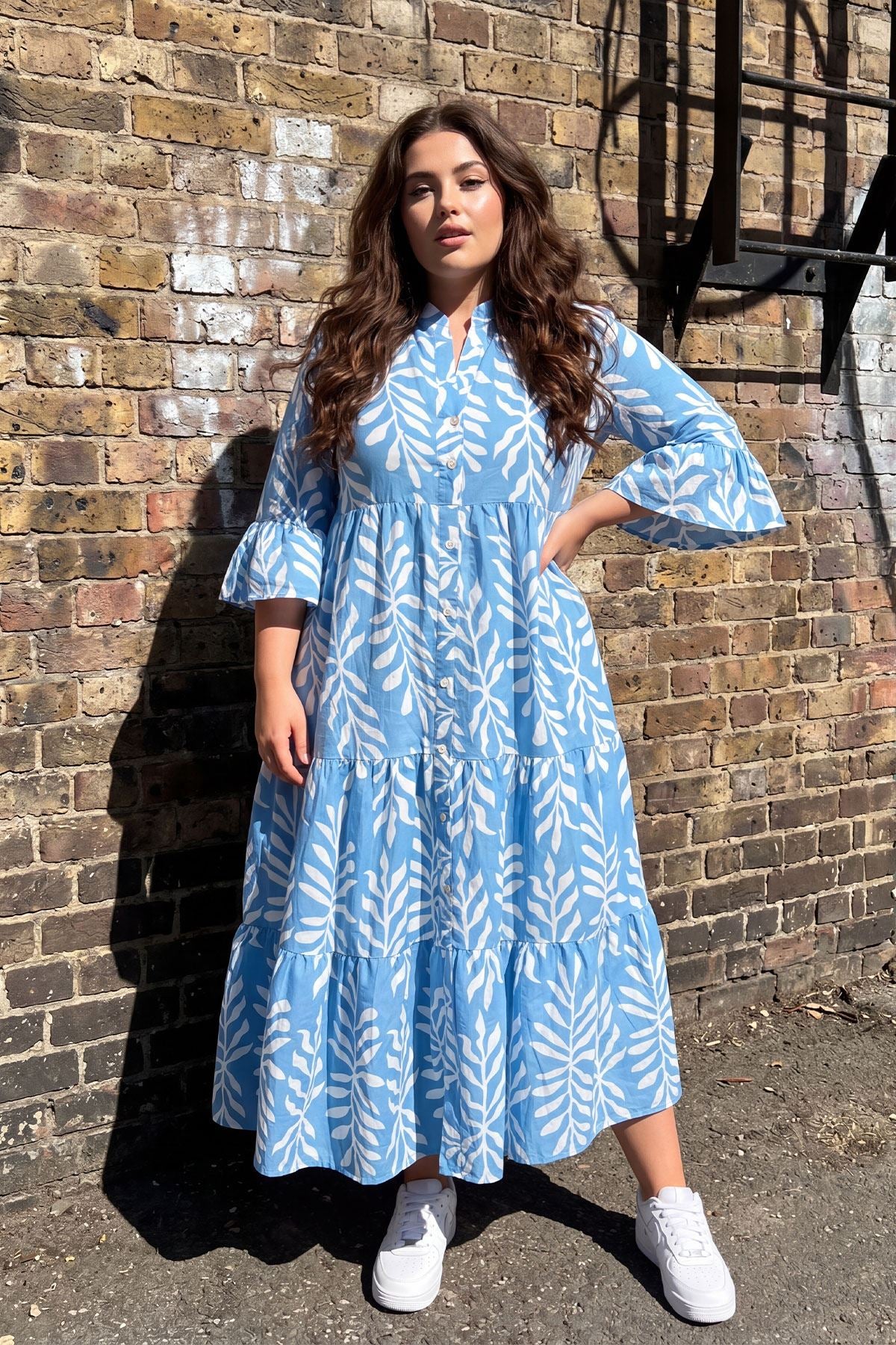 Tropical Leaf Print Tiered Cotton Dress Royal Blue / One Size (Fits UK 12-18)