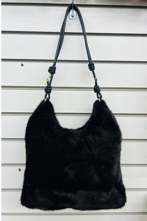 knotted strap faux fur shoulder bag
