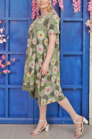 Flower Print Lace Hem Viscose Dress