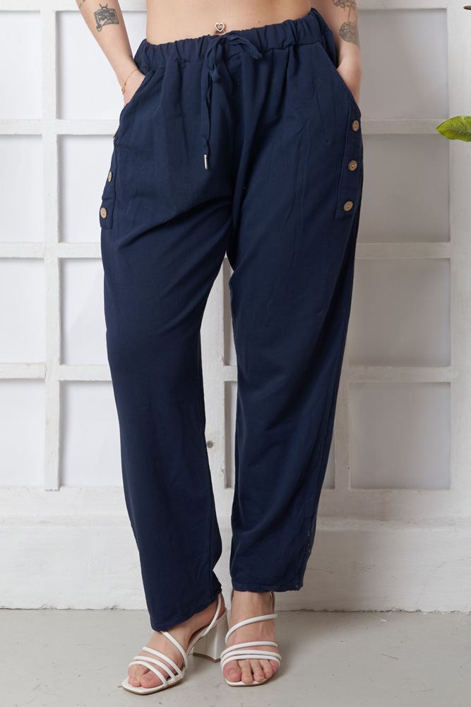 Plain Pocket Button Detail Cotton Trousers