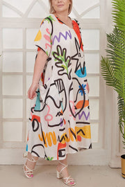 Abstract Paint Print Pockets Linen Dress