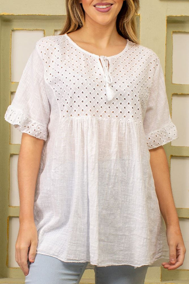 Embroidered Cutwork Pattern Flared Viscose Top