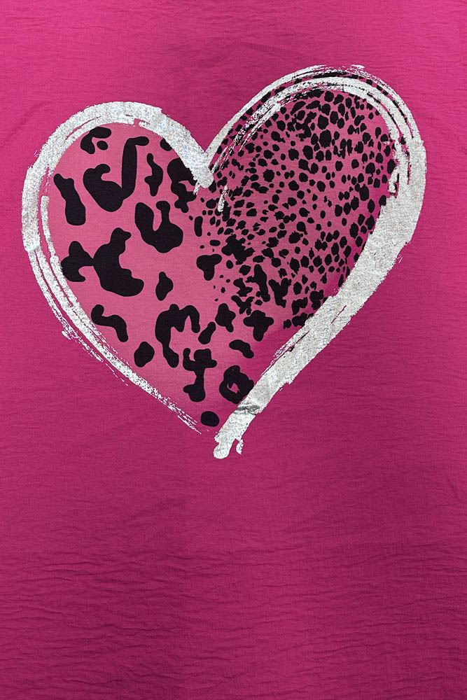 Leopard Foil Heart Print Dipped Hem Top