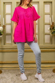 Embroidered Cutwork Pattern Flared Viscose Top