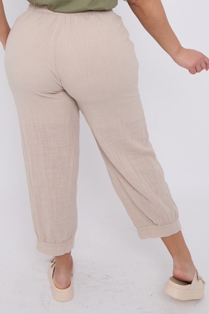 Plain Button Detail Hem Cotton Trousers