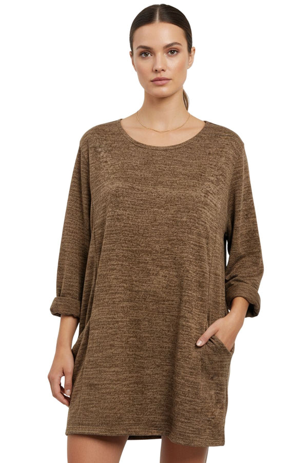 subtle heathered textured two front draped pockets top
