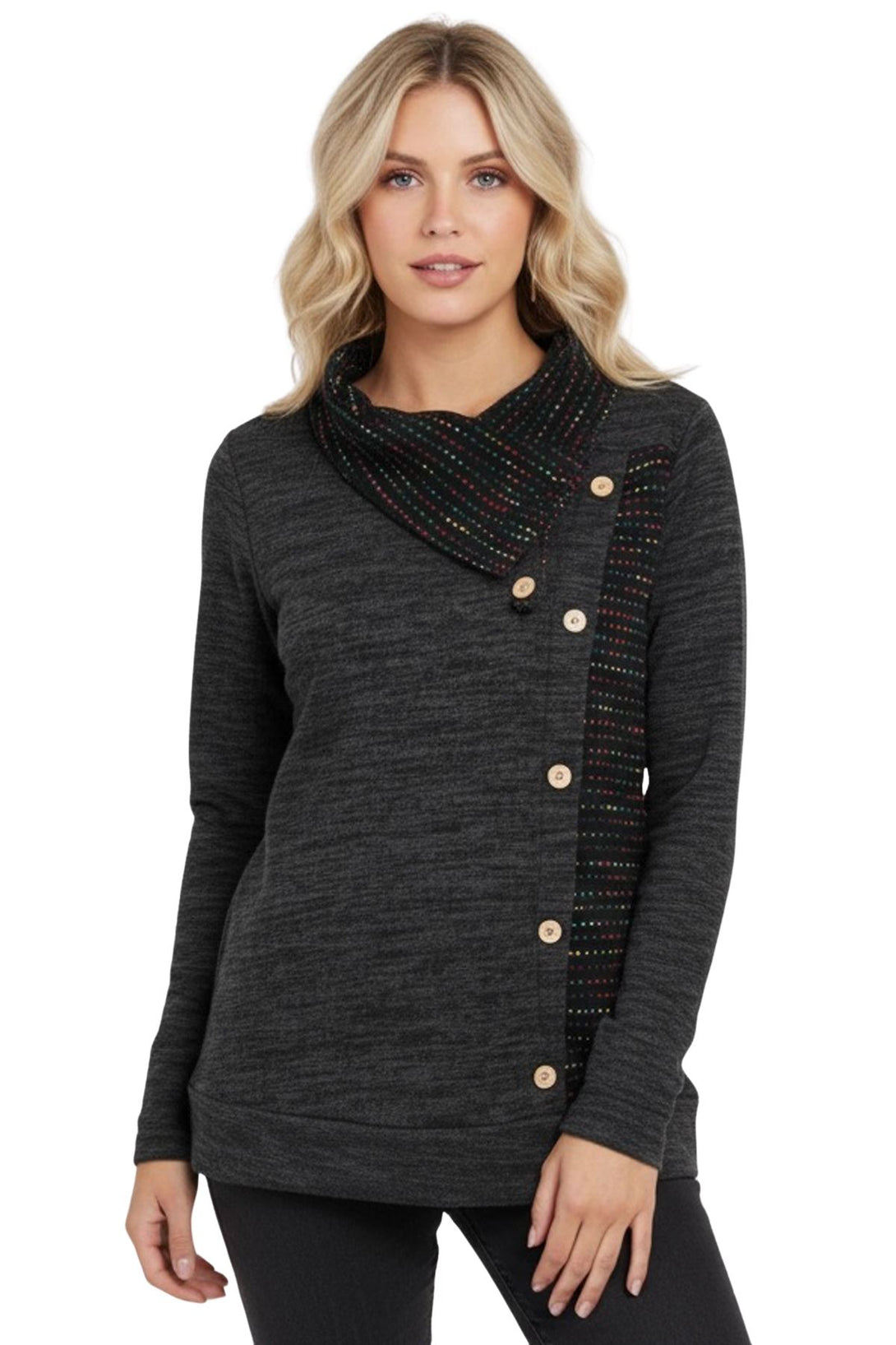 heathered button front long sleeve top
