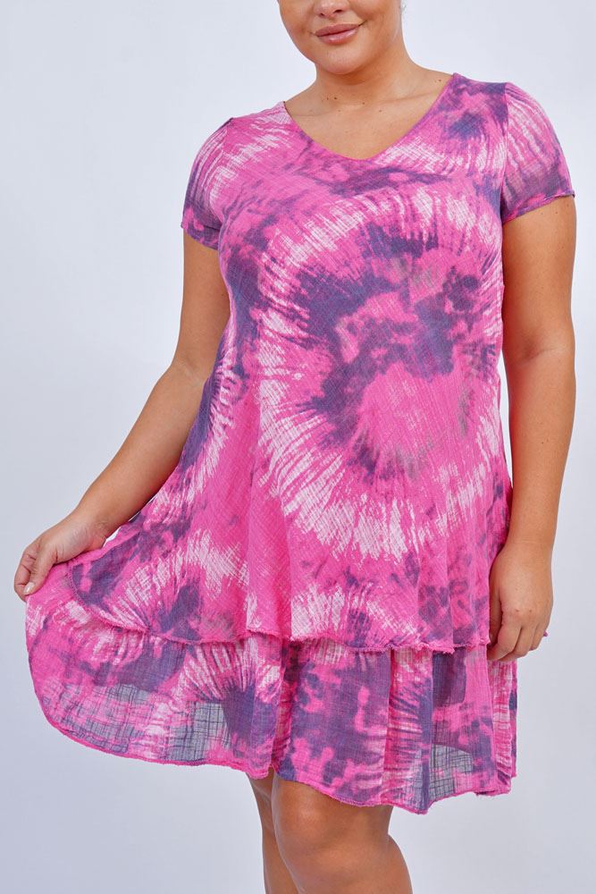 Circle Tie Dye  Print Layered Hem Cotton Dress