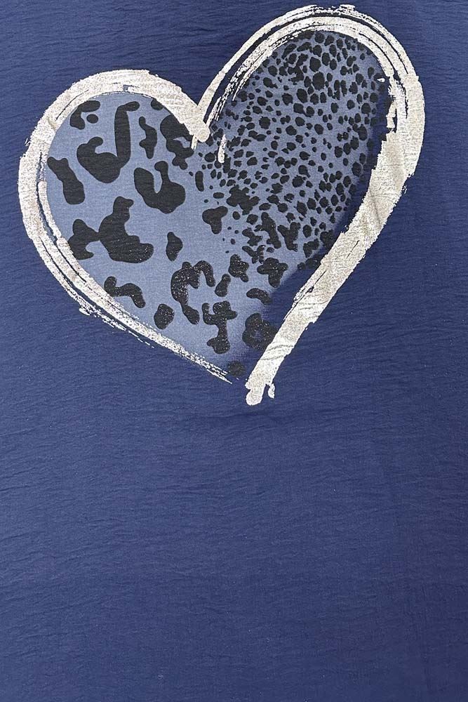 Leopard Foil Heart Print Dipped Hem Top