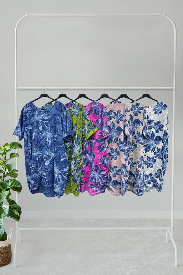 Lily Flower Print Pockets Linen Dress