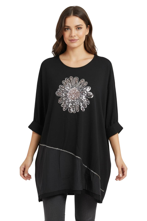 sequin floral pattern oversized cotton top

