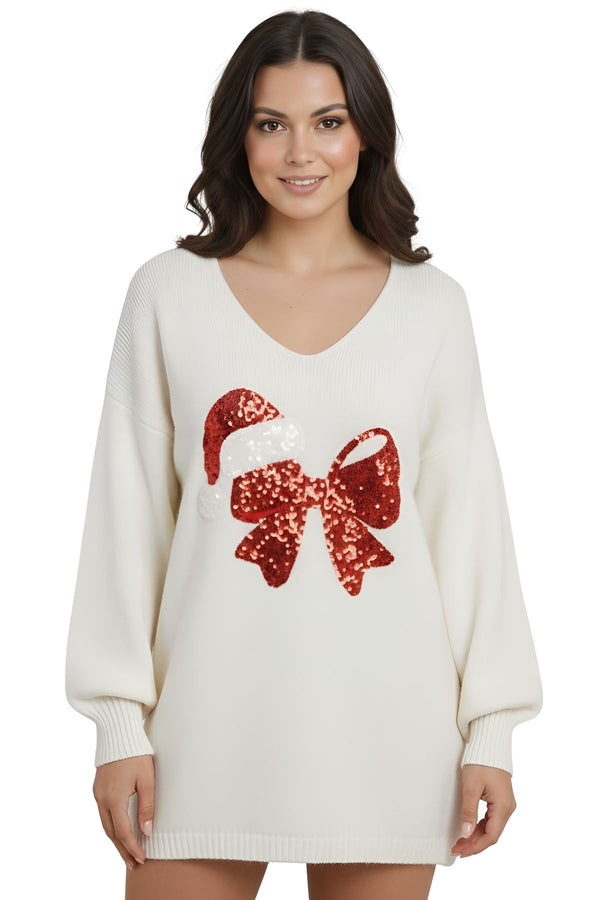 Sequin Bow Santa Hat Drop Shoulder Knitted Jumper