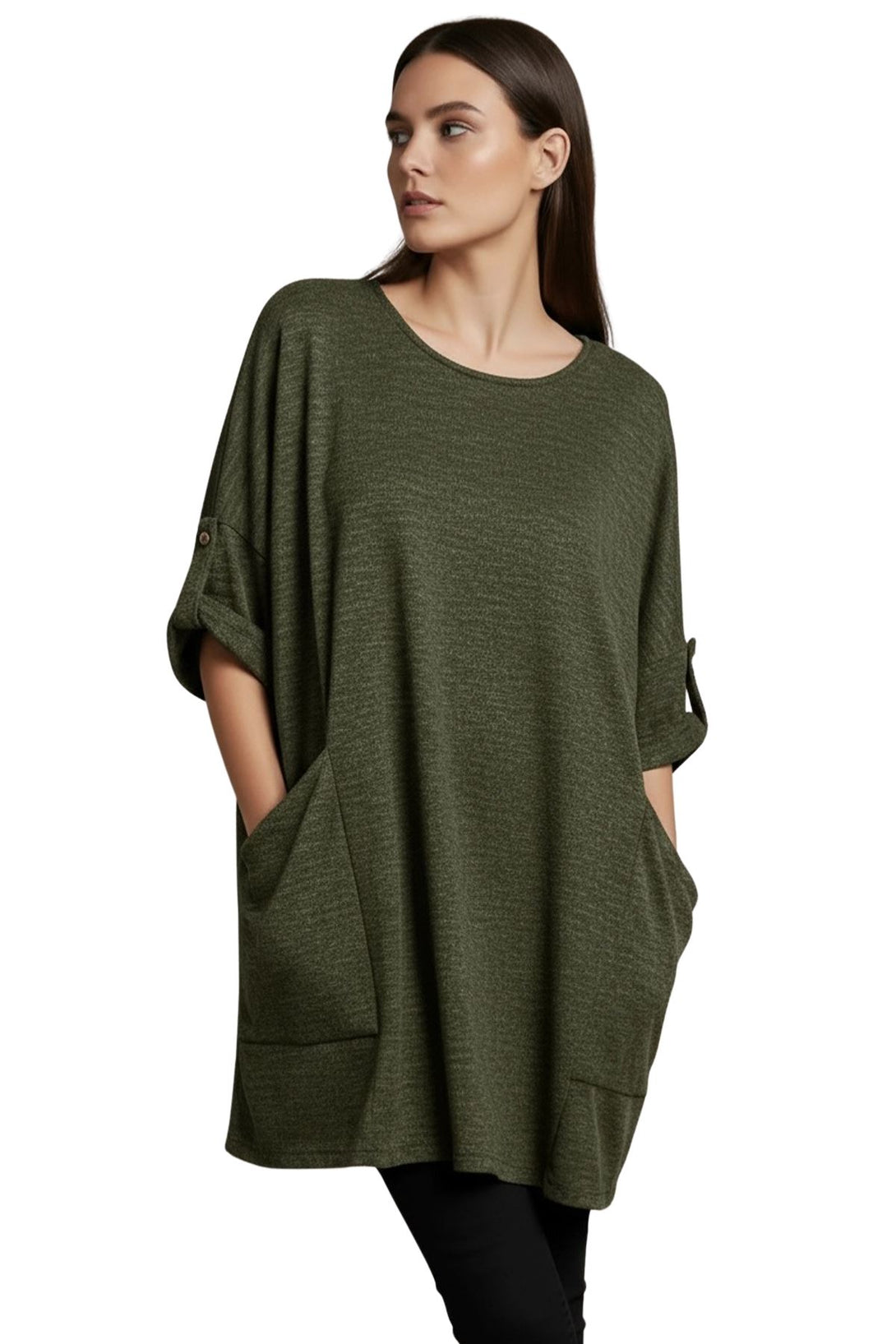 subtle heathered textured front two draped pockets top
