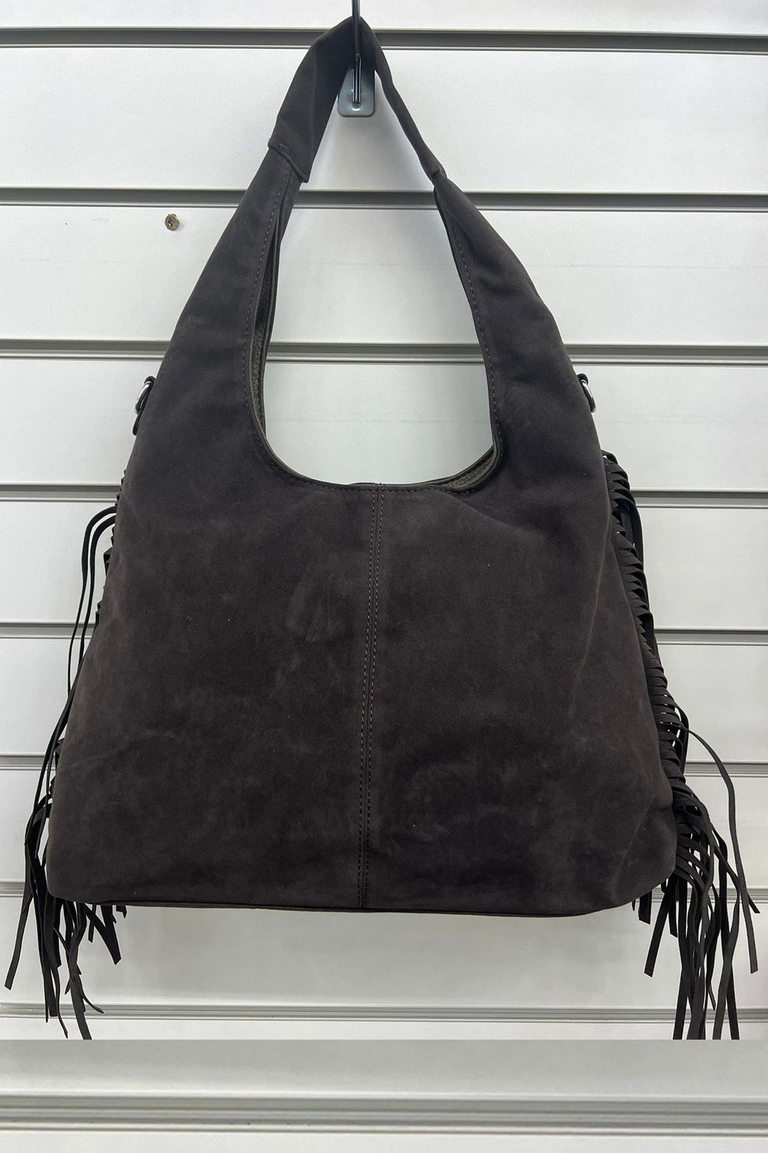 suede fringe shoulder bag black
