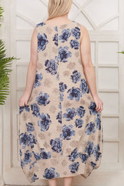 Flower Print Pockets Cotton Dress