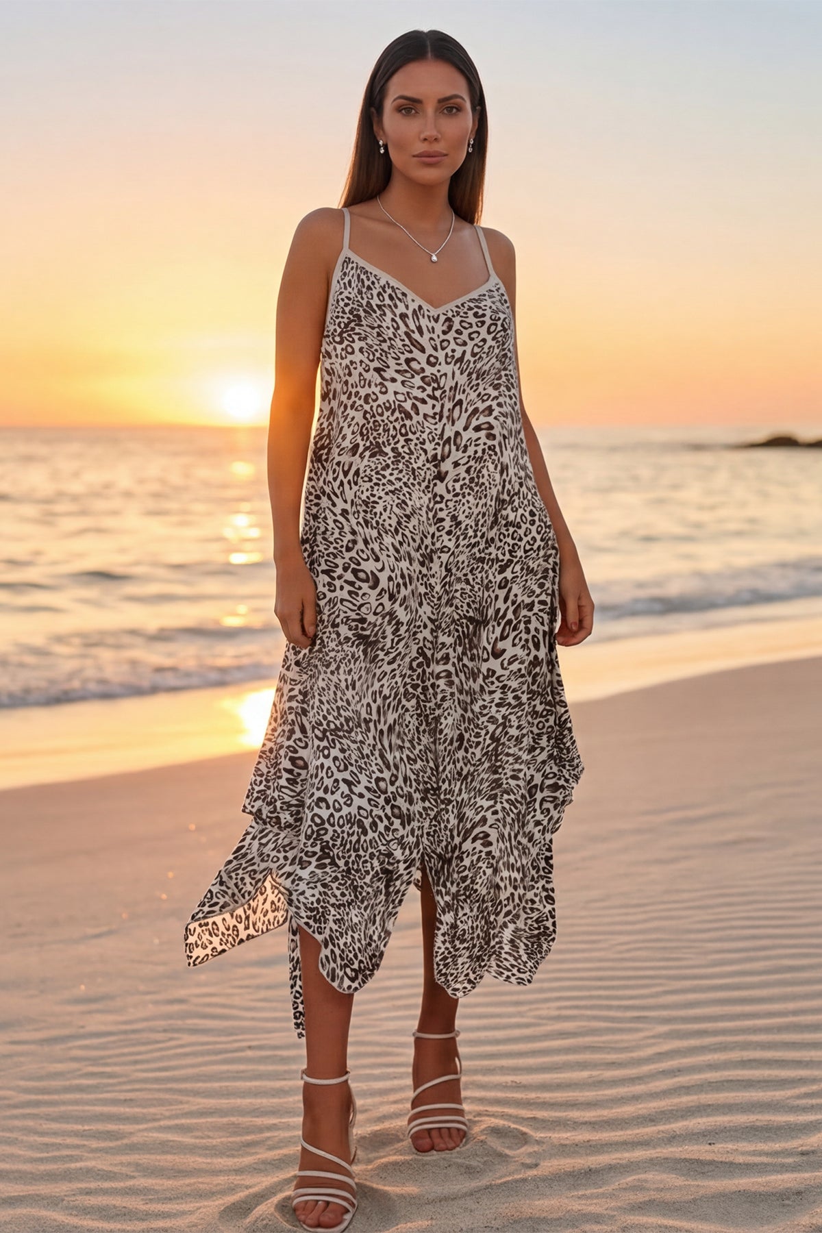 hanky hem beach dress Turn Heads in This Beautiful Hanky Hem Leopard Dress Beige / 12/14