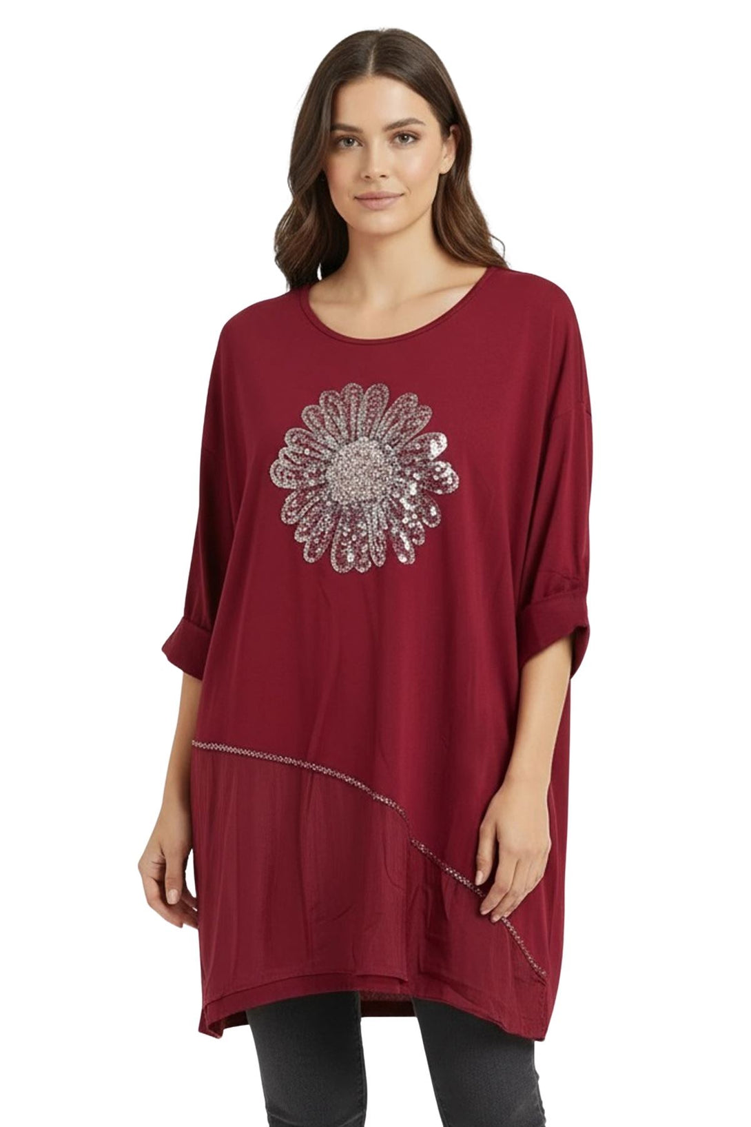 sequin floral top with short sleeves
