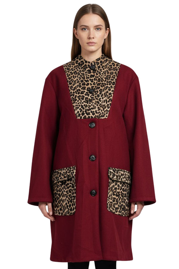 Leopard Print Button-Up Front Two Pockets Coat