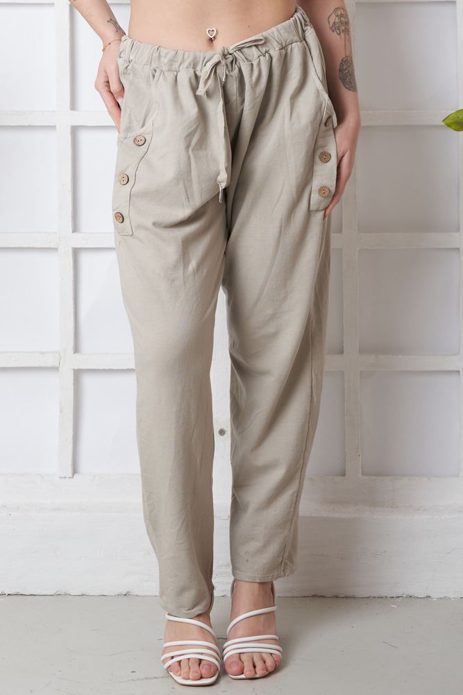 Plain Pocket Button Detail Cotton Trousers