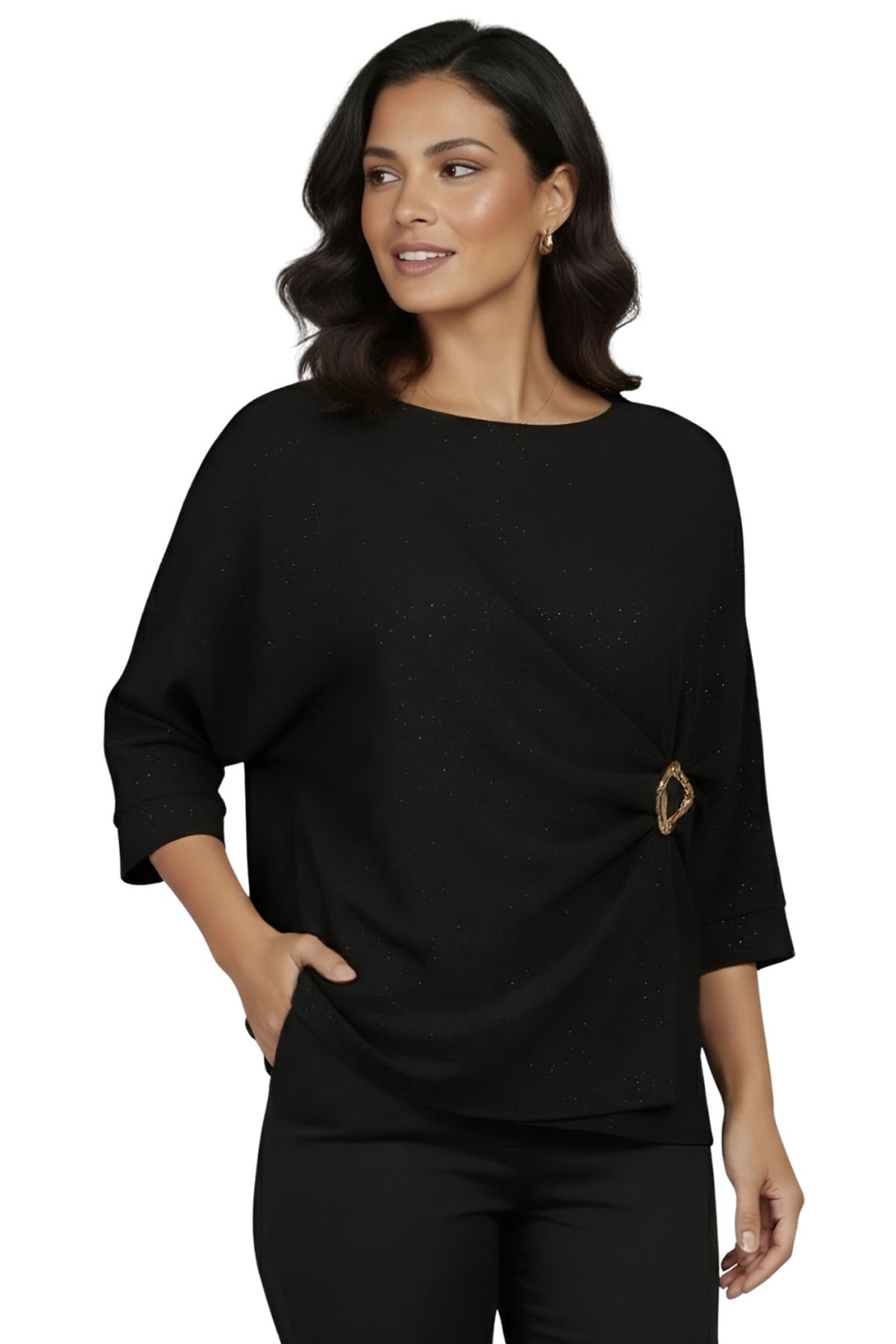 womens glitter drape top with side ring
