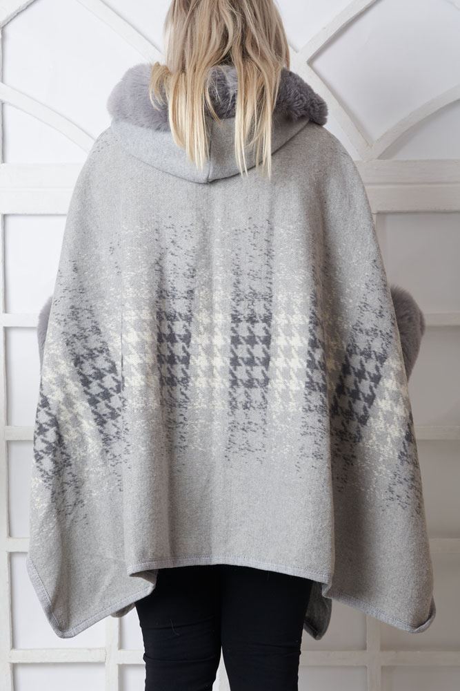 Abstract Dogtooth Pattern Faux Fur Hooded Poncho