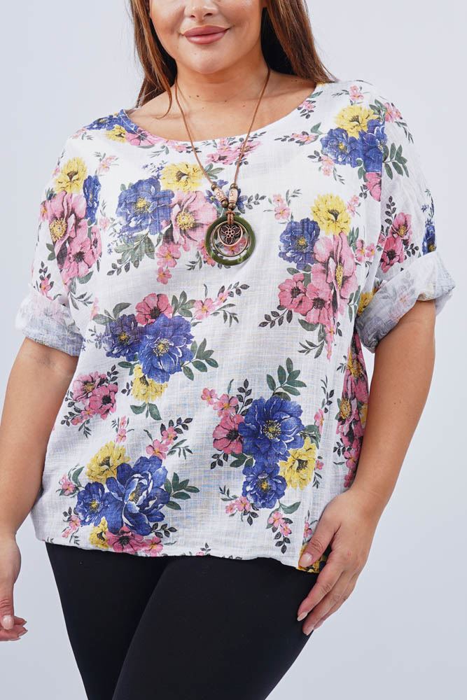 Rose Flower Leaves Print Necklace Cotton Top
