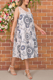 Floral Mandala Print Floral Cutwork Shoulder Cotton Dress