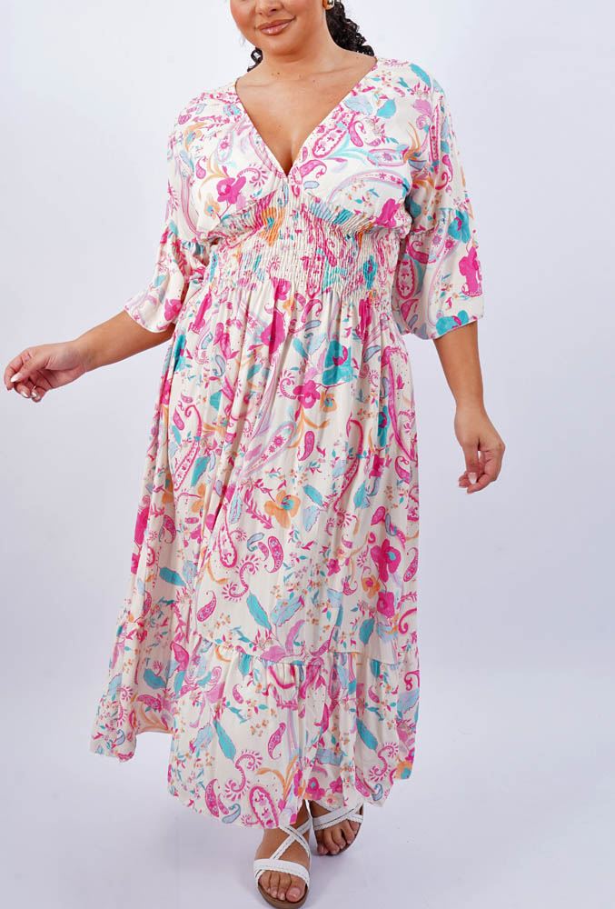 Paisley Print Shirred Dress