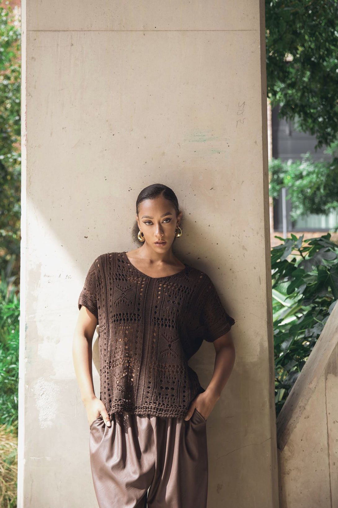 crocheted openwork design tunic cotton top