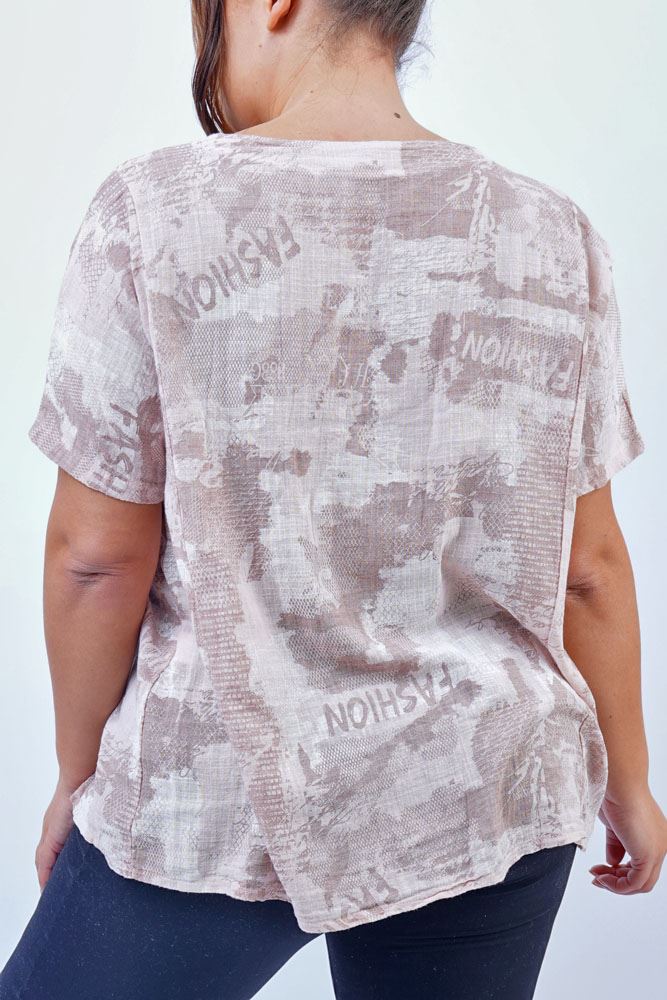 Textured Fashion Print Front Split Cotton Top
