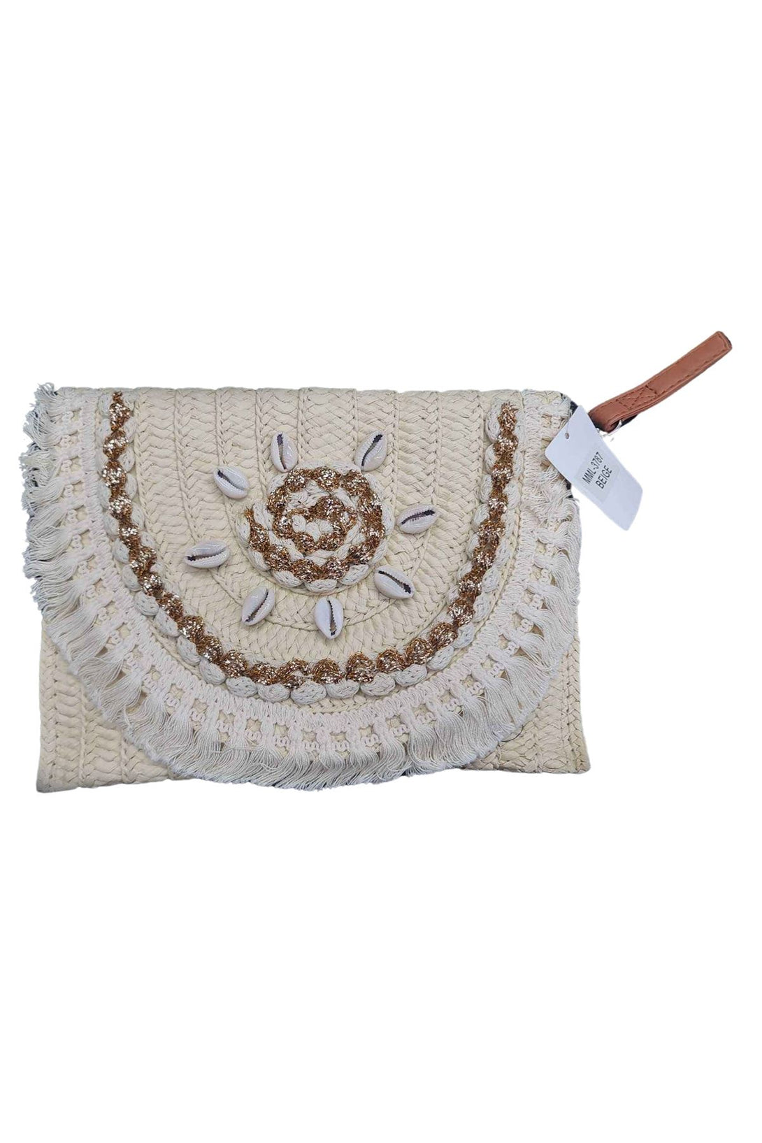 shell shaped clutch bag with fringe
