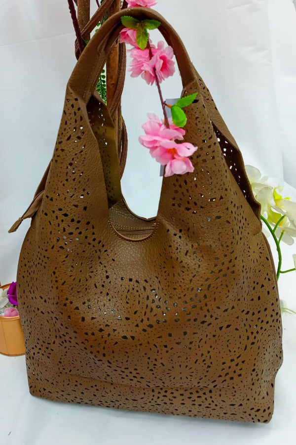 laser cut two handle shoulder bag
