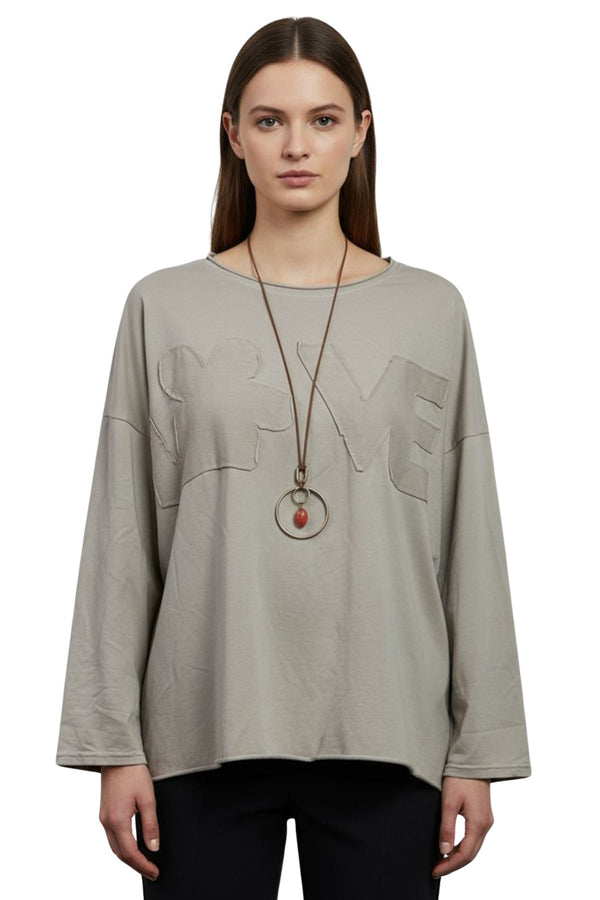 love applique texture drop shoulder tunic cotton top
