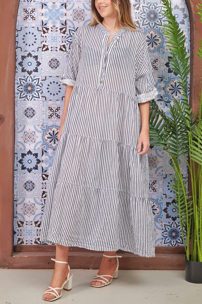 Stripe Print Flared Hem Cotton Dress