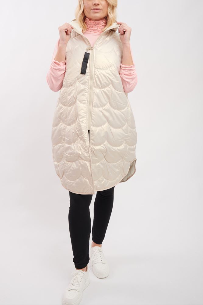 Plain Quilted Zip Up Long Hooded Gilet