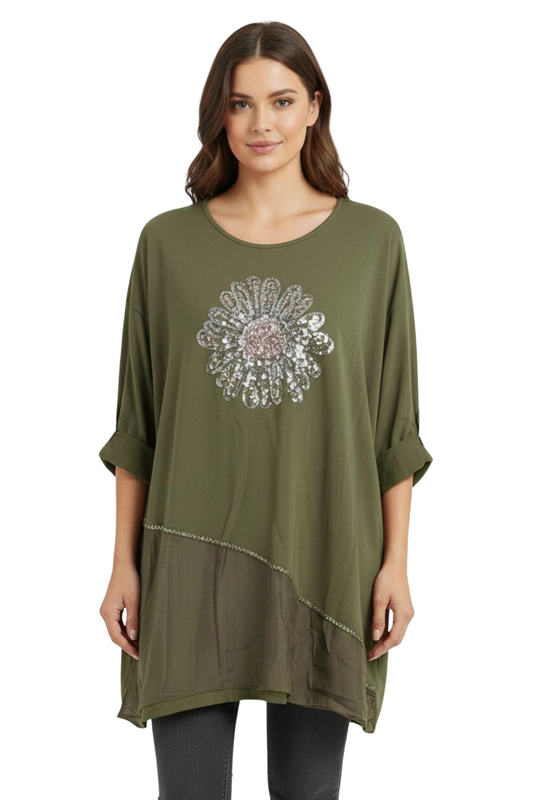 sequin flower embellished cotton top
