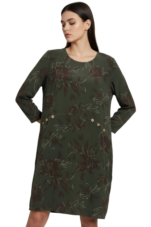 floral print curved hemline side slit cotton dress
