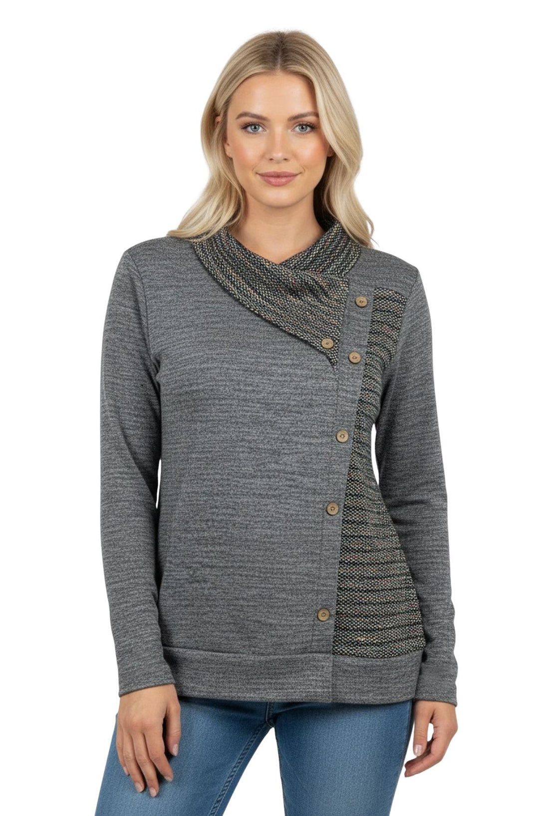 heathered texture front button detail top
