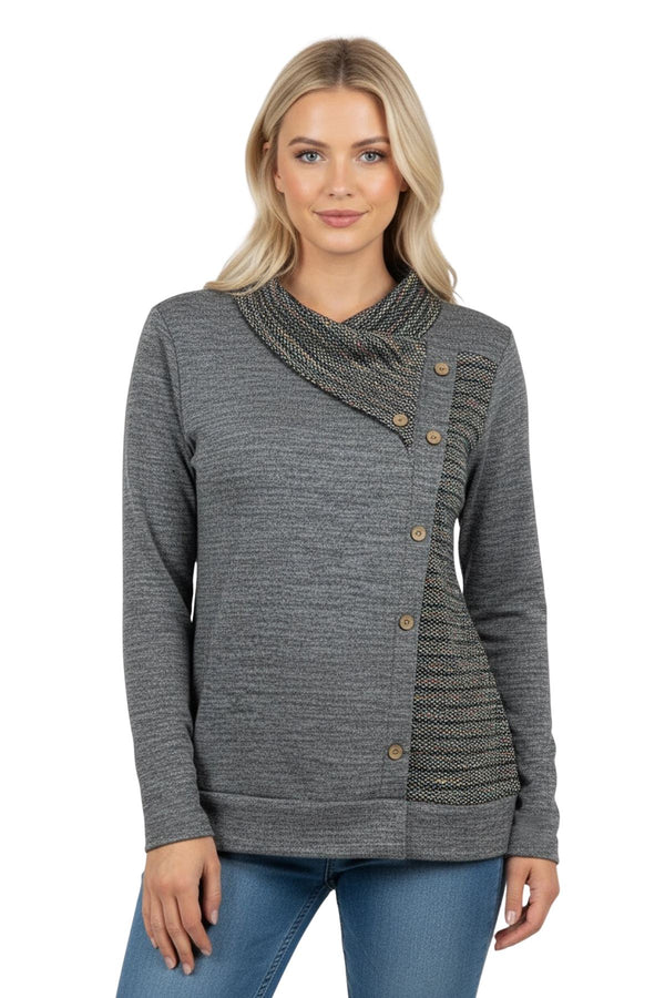 heathered texture front button detail top

