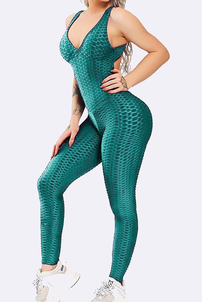 Women's One Piece Texture Honeycomb Fitted Jumpsuit_GRWO