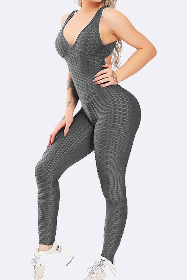 Women's One Piece Texture Honeycomb Fitted Jumpsuit_GRWO