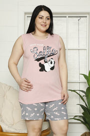 Women Sleeveless Motif Shorts Pyjamas Set Plus Sizes_GRWO