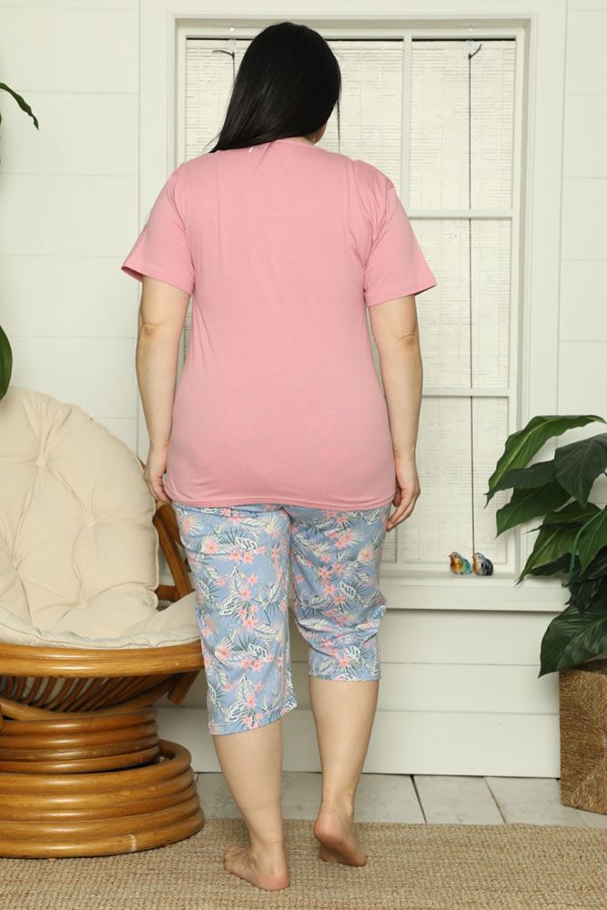 Women Short Sleeve Motif Three Quarter Pyjamas Set Plus Sizes_GRWO