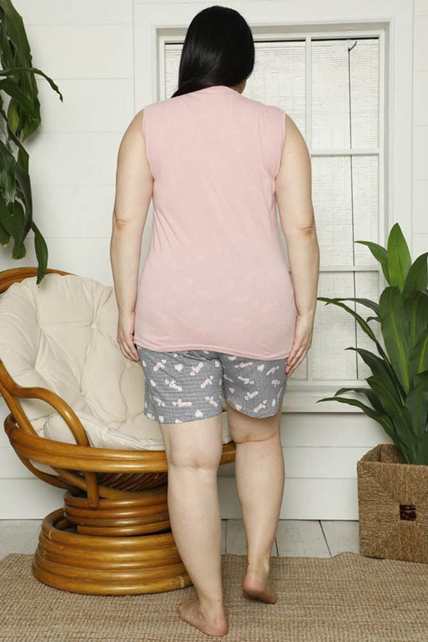 Women Sleeveless Motif Shorts Pyjamas Set Plus Sizes_GRWO