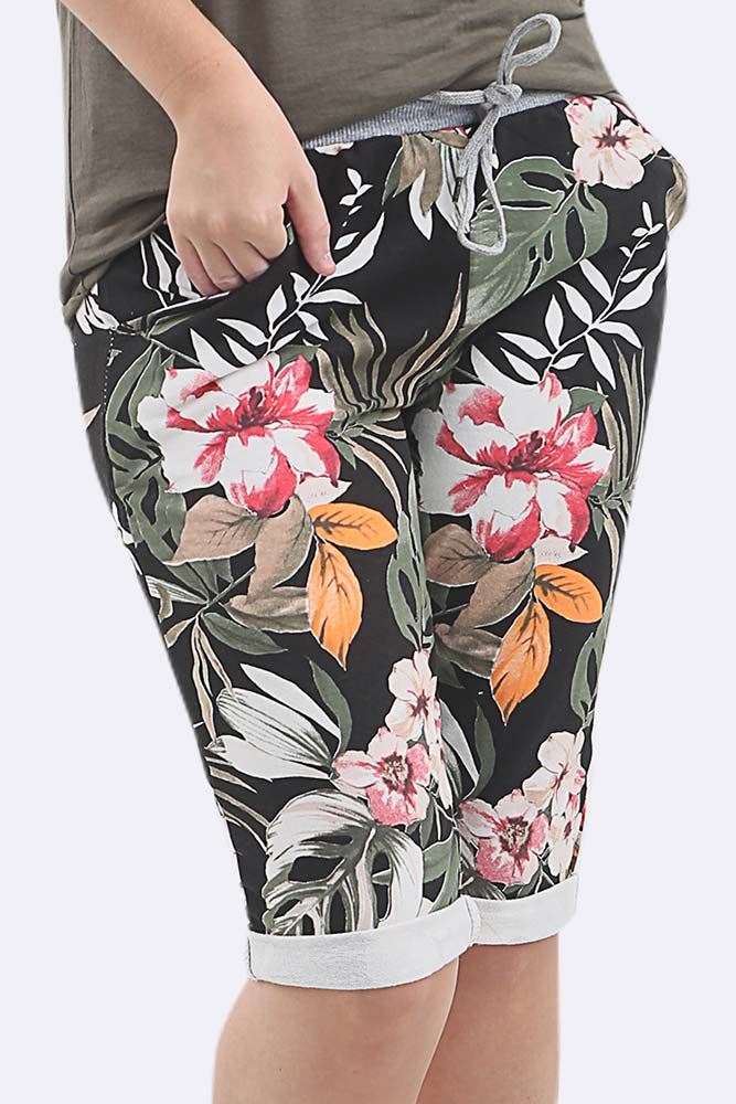 Faiza Cotton Big Rose Print 3/4 Drawstring Trousers_GRWO