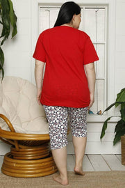 Women Short Sleeve Motif Three Quarter Pyjamas Set Plus Sizes_GRWO