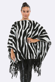 Italian Zebra Striped Print Tassel Poncho