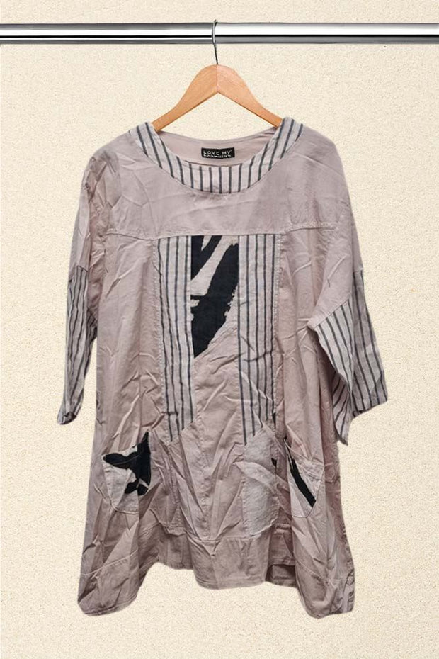 Italian Striped Patterned Design 3/4 Sleeve Tunic Top