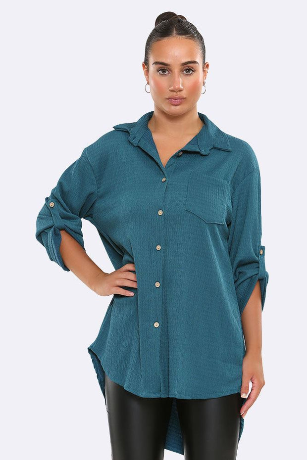 Italian Ruched Button Pocket Shirt Top